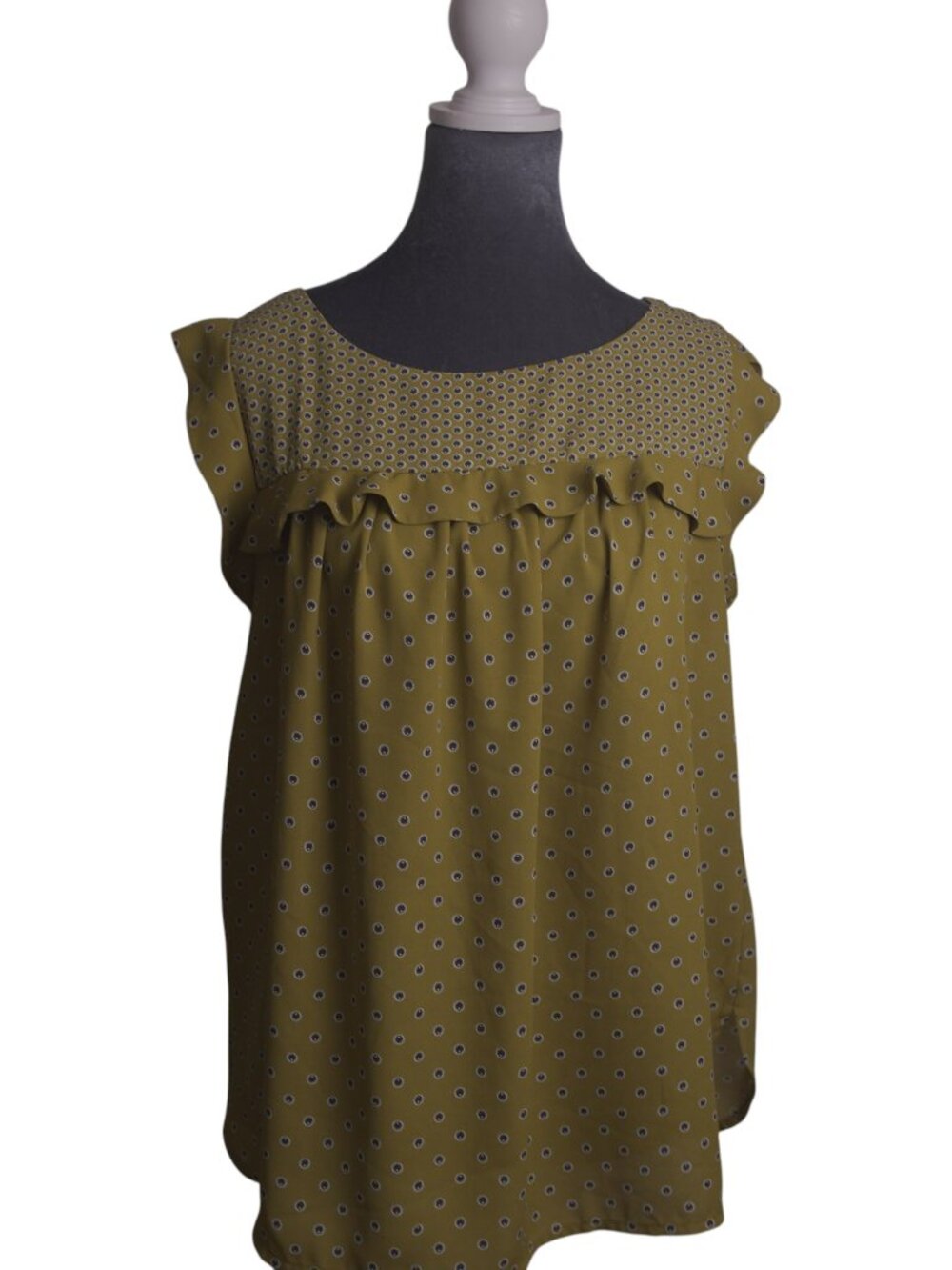 LOFT Mustard Yellow Navy Polka Dot Mixed Print Ruffle Sleeveless Top L Feminine